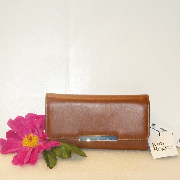 KIM ROGERS NWT Antimicrobial Trifold Organizer Wallet Brown Cognac 7.5X4" Clutch - Picture 1 of 13